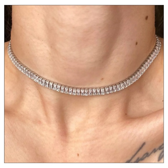 NEW Silver Inlaid Zircon Shimmering Sparkle Shiny Choker Necklace - Picture 6 of 7